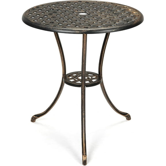 Homhougo Patio Bistro Table, 24" Round Outdoor Coffee Table with 2" Umbrella Hole, Outdoor Cast Aluminum Bistro Table Side Table with Iron Frame for Balcony Backyard Lawn and Garden, Rustic Brown