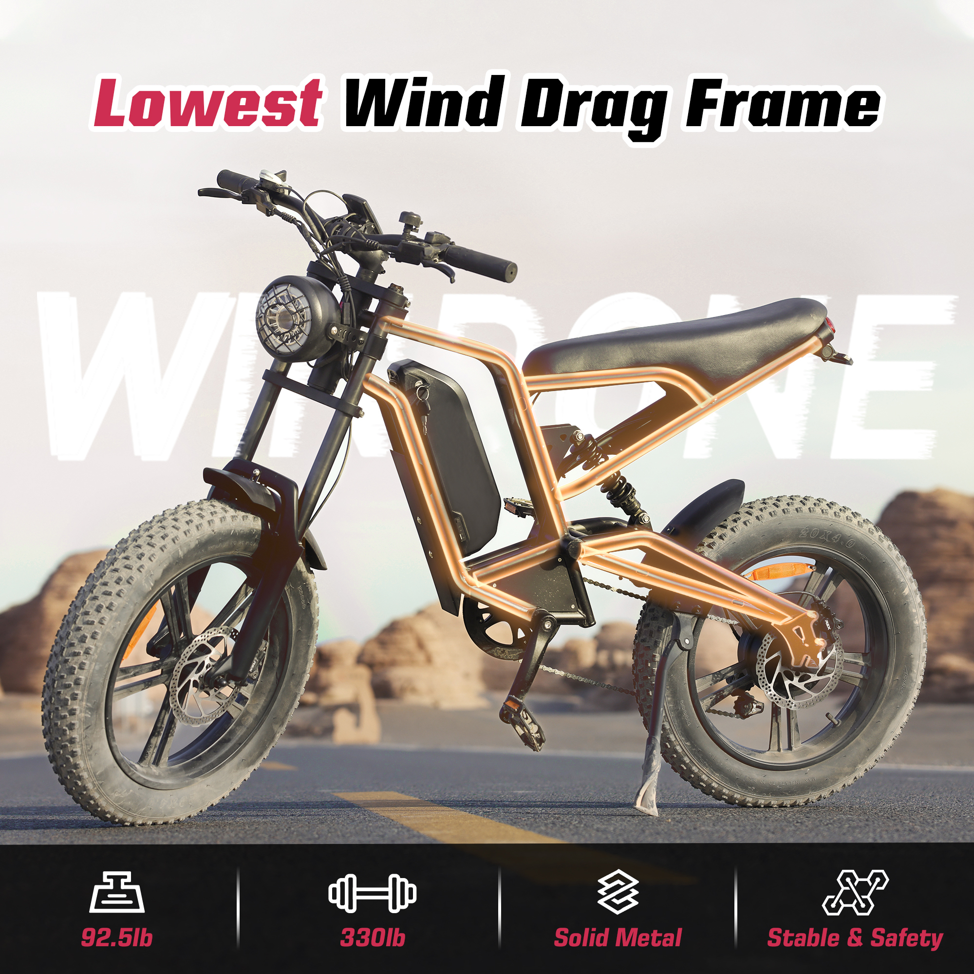 Windone750W Ebike with 48V13Ah Removable Battery,Up to 28MPH&46.6Miles,Full Suspension,Cruise Control,UL Certified,Moped All-Terrain 20" Fat Tire Electric Bike for Adults