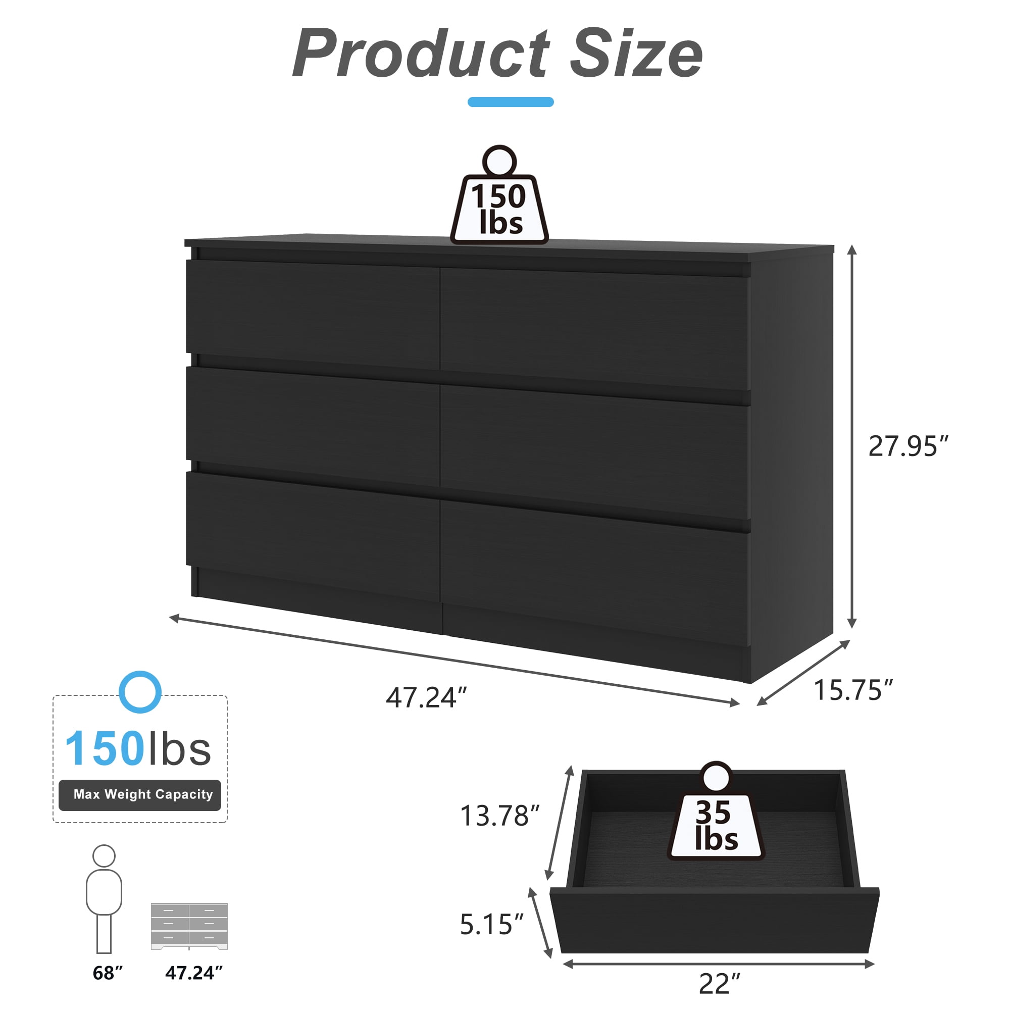 Finihen 6 Drawer Double Dresser, Modern 6 Chest of Drawers with Deep Drawers, Wide Storage Organizer Cabinet for Living Room, Kids, Black Finihen 6 Drawer Double Dresser, Modern 6 Chest of Drawers with Deep Drawers, Wide Storage Organizer Cabinet for Living Room, Kids, Black