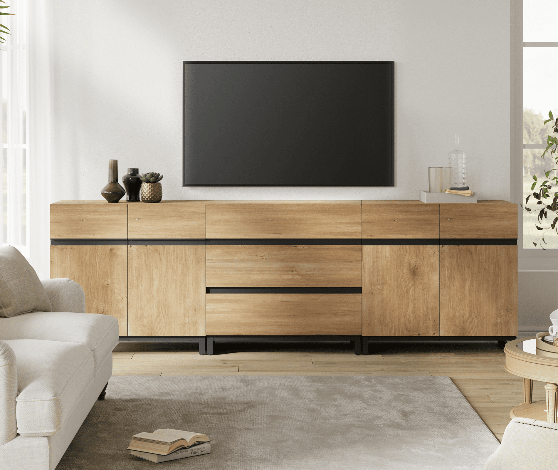 WAMPAT Modern TV Stand for TVs up to 100 inch, 3 in 1 TV Console with Adjustable Shelves and 3 Drawers, Media Console for Living Room,Bedroom, Oak