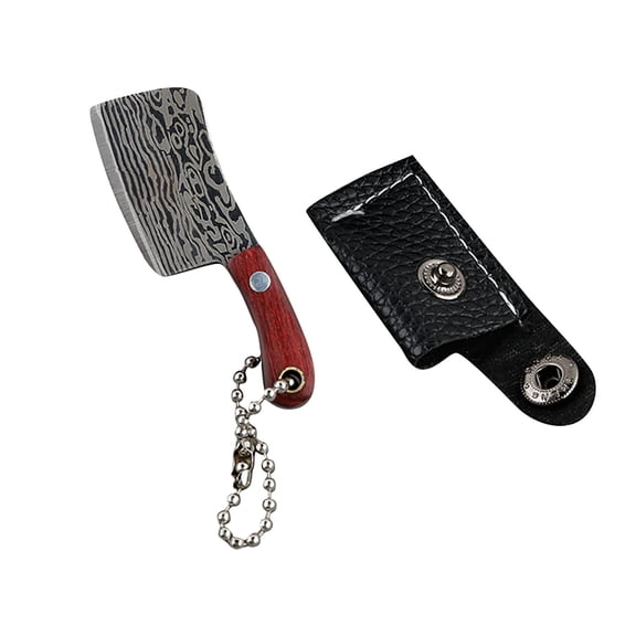 Portable Mini Damascus Pattern Cleaver Knife, 2.4Inch Compact Size For Unboxing, Keychain Included With Protective Leather Sheath, For Daily Use, Office, Outdoor Activities
