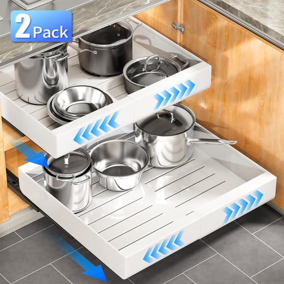 FOUKUS 2 Pack Adjustable Width 12″–20″ Pull Out Cabinet Organizer: Heavy-Duty Expandable Slide Out Drawer for Kitchen Cabinet, Rust-Resistant Carbon Steel Rack, No Drill Under Sink Storage Shelf