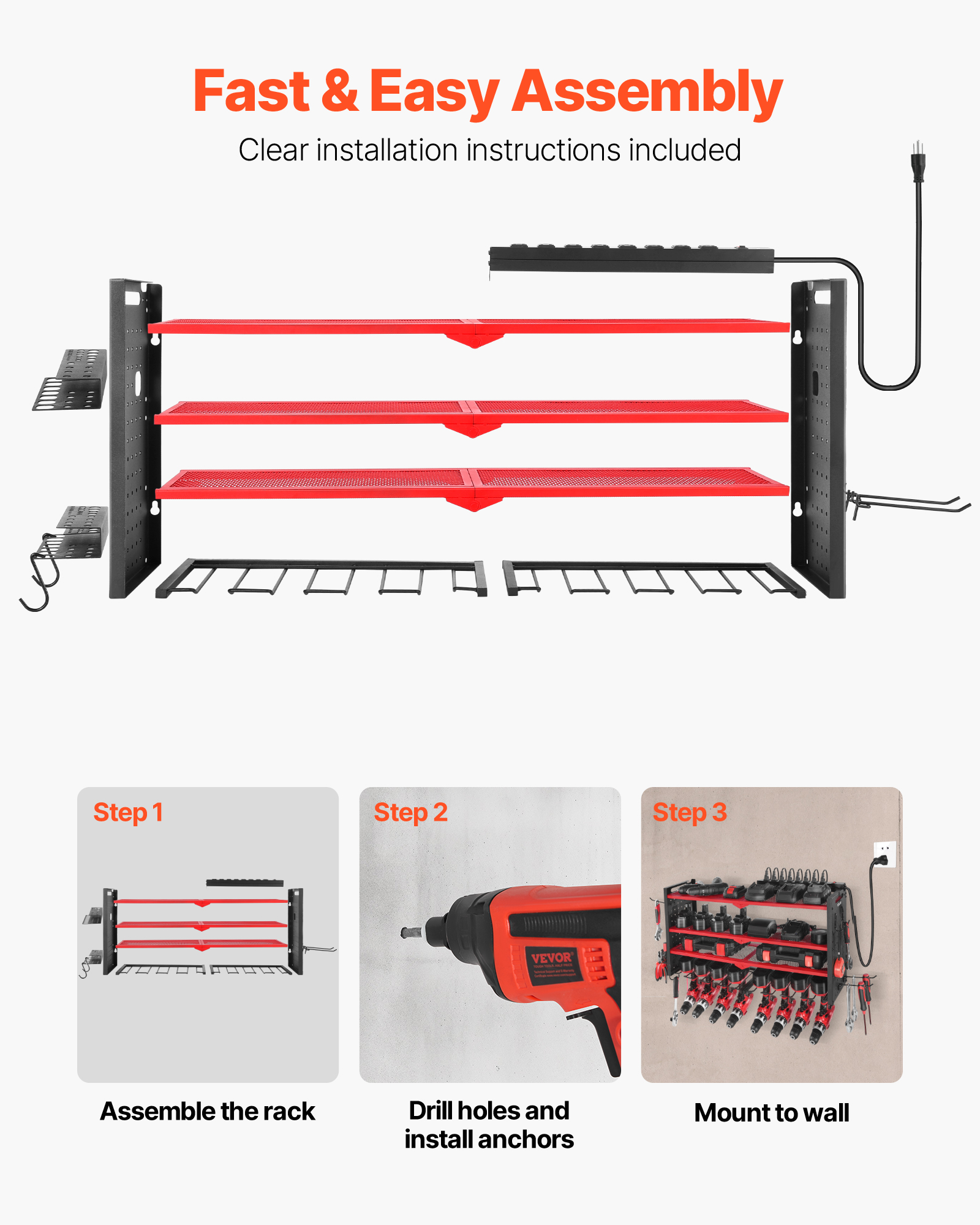 VEVOR Power Tool Organizer with Charging Station, 4-Layer Drill Storage Rack with 8 Drill Holders & Side Pegboard, Garage Tool Organizer Built in 8 Outlet Power Strips for Garage,Workbench,Workshop