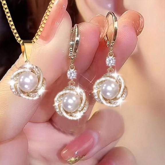 3PCS Rhinestone Pearl Jewelry Set Shining Zircon Flower Pendant Necklace Earrings Hoop For Banquet Party Jewelry Women Gifts