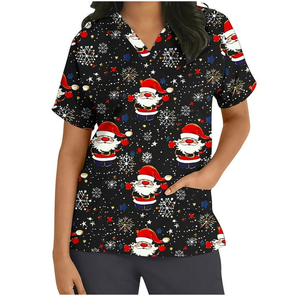 Xfvqtps Christmas Scrub Tops for Women Soft V-Neck Scrubs Comfortable Nursing Uniforms Christmas Printed Short Sleeve Top Protective Clothing Working Uniforms with Pockets Black