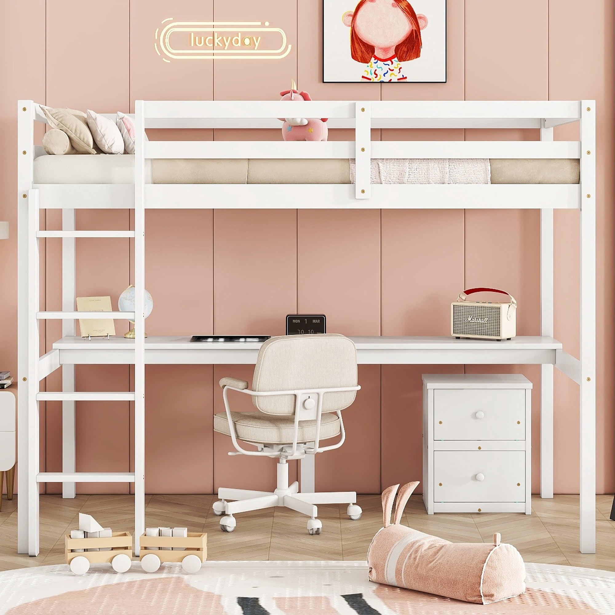 Euroco Modern Twin Size Loft Bed with Desk and Storage Drawers for Kids Teens, White