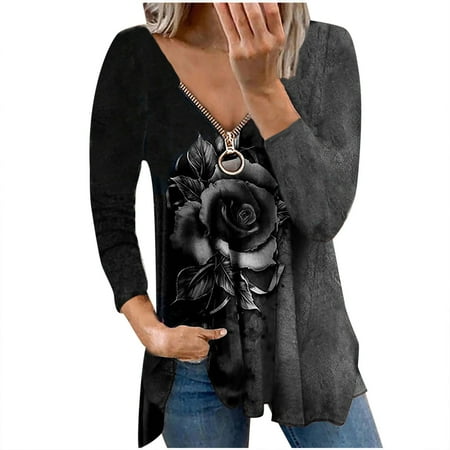 

Ziloco Long Sleeve V-Neck Blouses & Shirts Blouses for Women Fashion Women s Fashion Casual V-Neck Printing Long Sleeve Zipper Blouse T-shirt Tops Corset Tops for Women