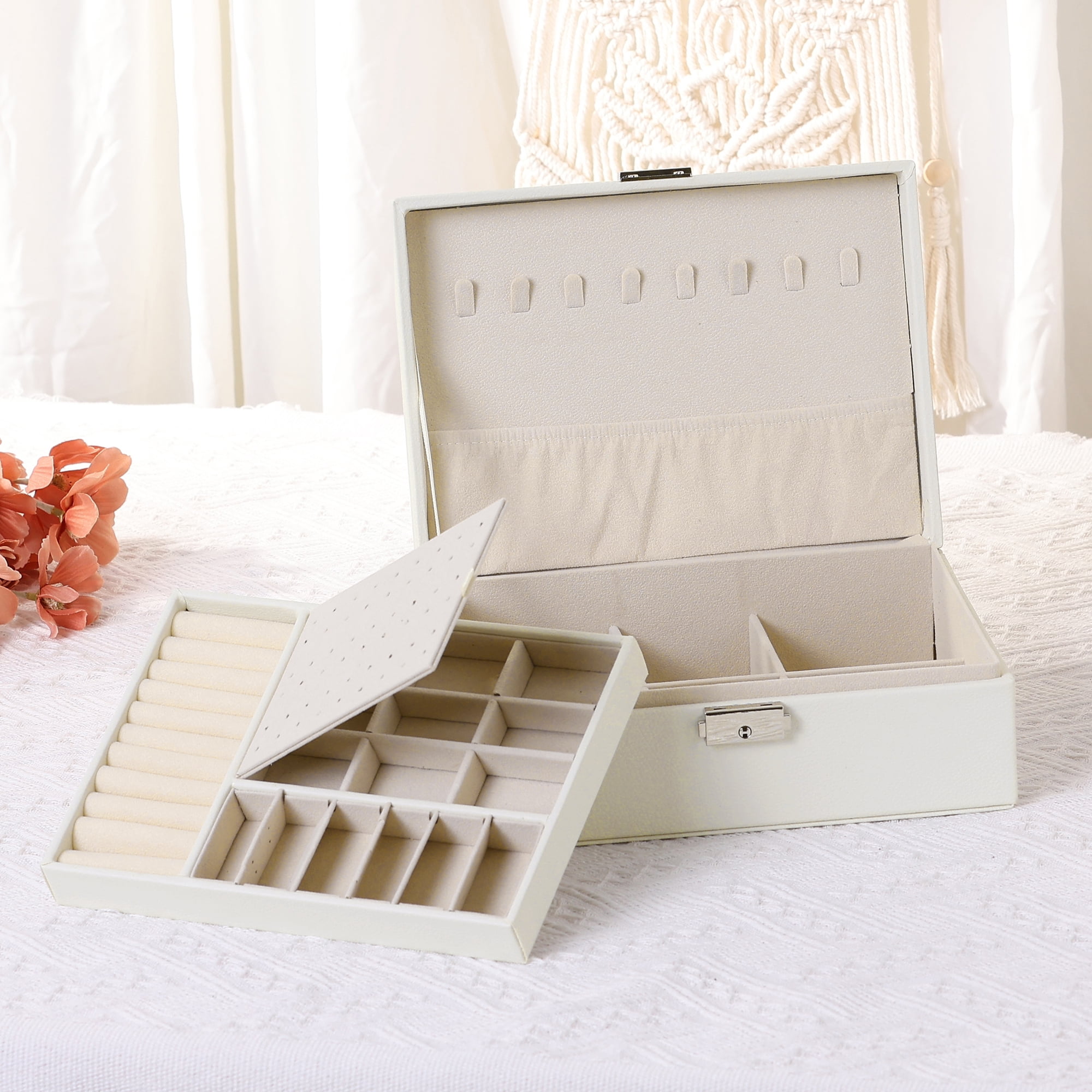 Unique Bargains 2 Layer Jewelry Box PU Leather Jewelry Organizer Case Storage with Drawer White