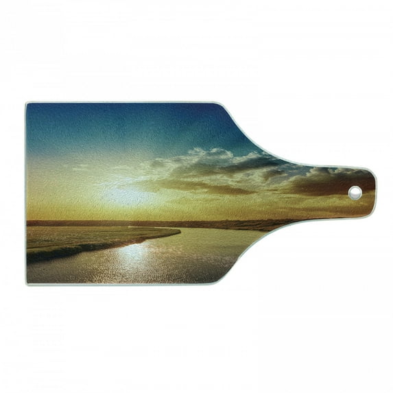 Clouds Cutting Board, Cool Sunset over River Horizon Landscape Phenomenal Physical Event Theme, Decorative Tempered Glass Cutting and Serving Board, Wine Bottle Shape, Blue Yellow, by Ambesonne