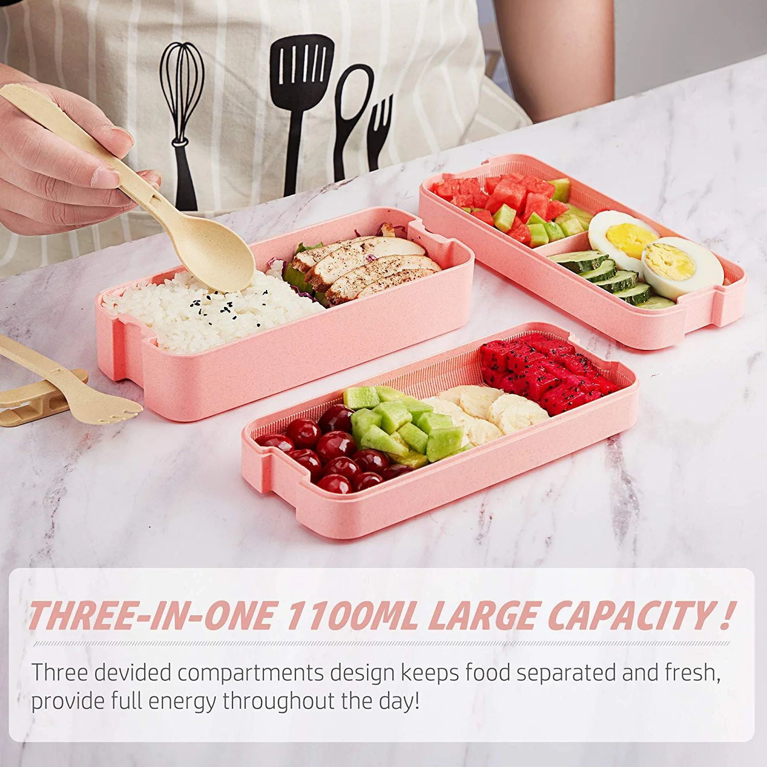 Caperci Fresh Bento Lunch Box for Kids, Leak-Proof 3 Compartments Adult  Lunch Container Kids Bento Box (with Fork and Spoon), BPA-Free, 900ml  (Pink) 