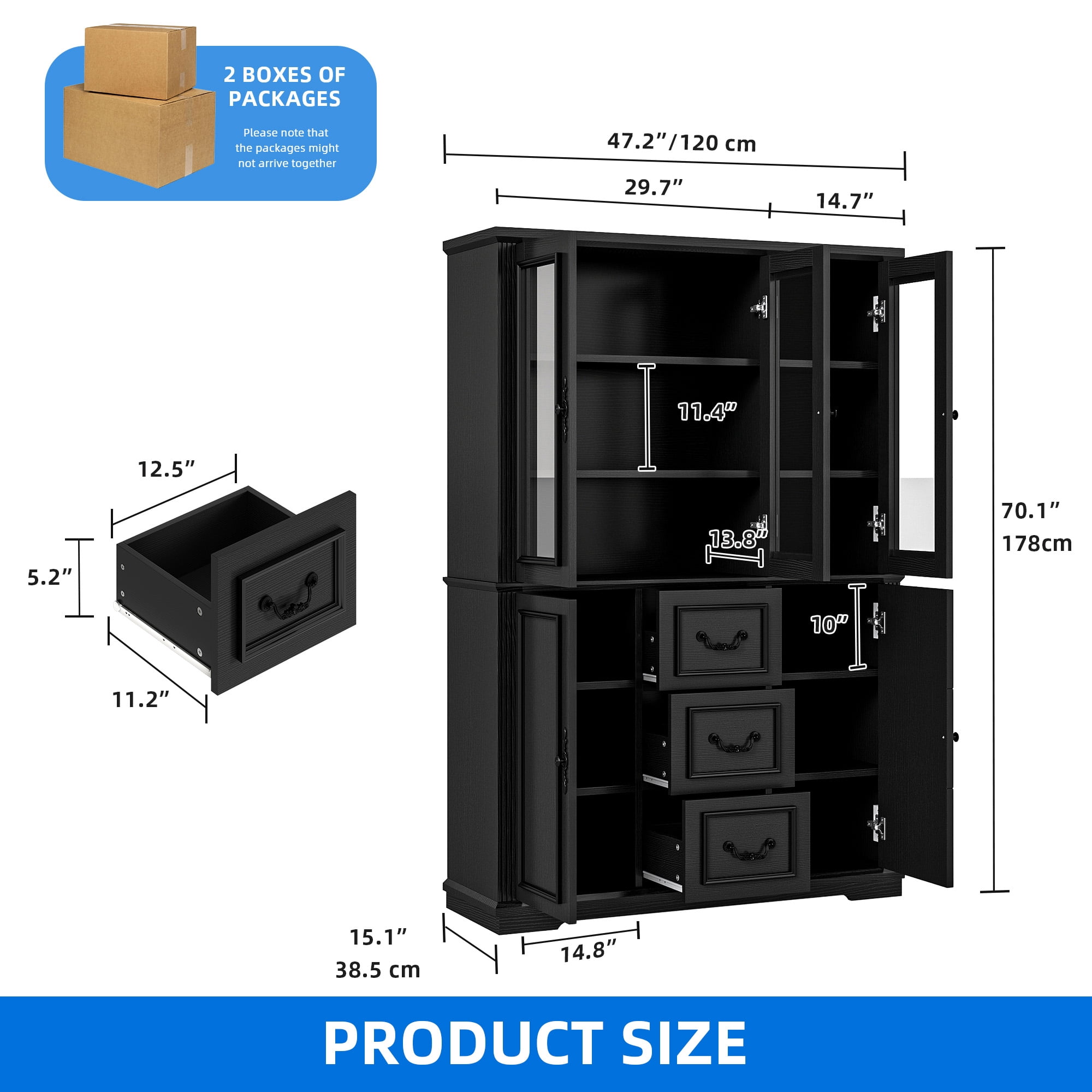 Dextrus 70" Tall Pantry Cabinet with Glass Doors, Modern Farmhouse Kitchen Pantry Storage Cabinet with Drawer, Black