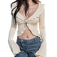 thumbnail image 1 of Camiseta corta de manga larga para mujer, dobladillo con volantes, top irregular, camiseta corta sexy de manga larga con cuello en V, Beige, 1 of 5