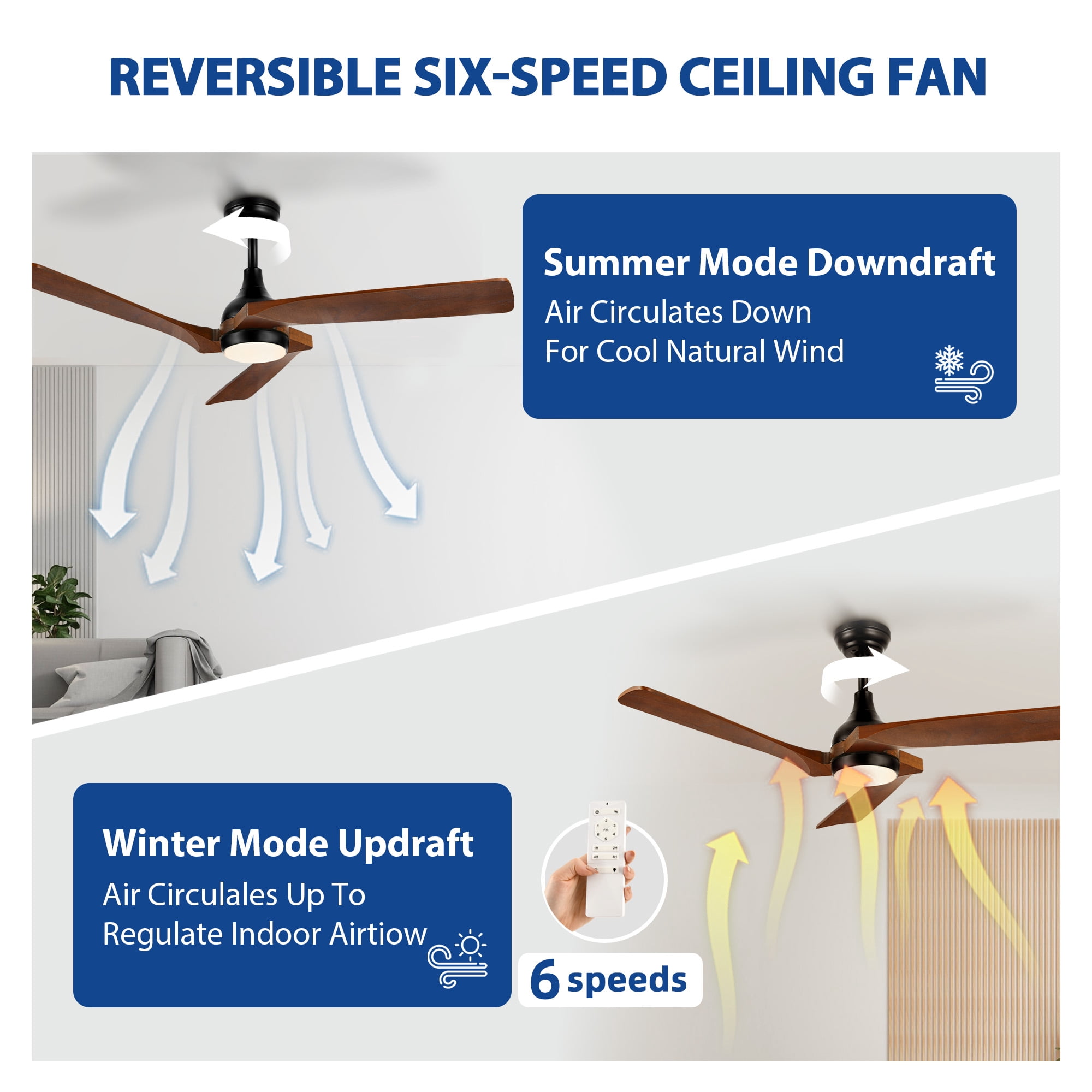 Dextrus 52'' Walnut and Black Modern Dimmable LED Ceiling Fan with 6 Speed Remote