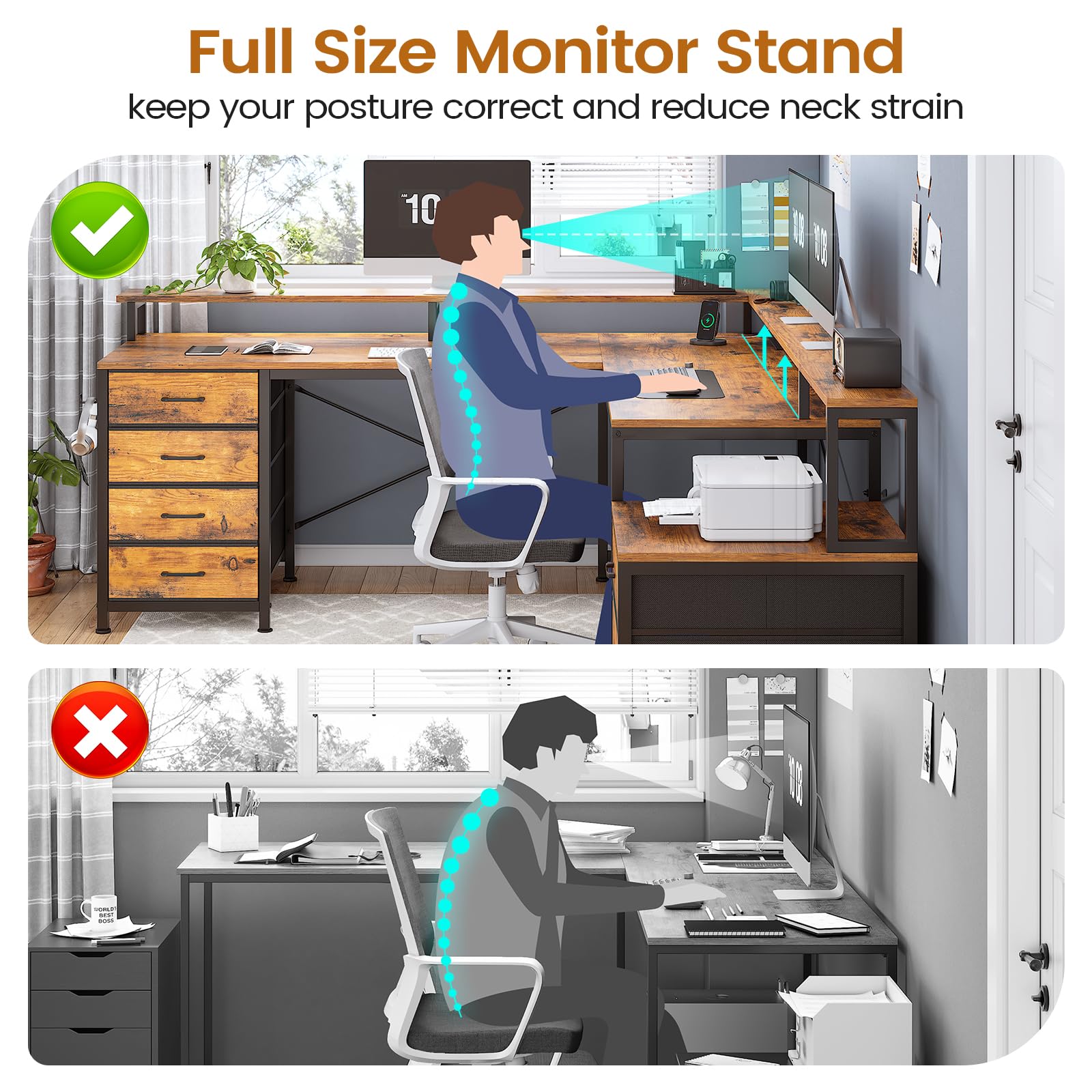 Corner Computer Desk with Led Lights and Monitor Shelf, Two Person Desk, L Shaped Desk with 6 Drawer, 108" Home Office Desk with File Drawer & Power Outlet, Rustic Brown