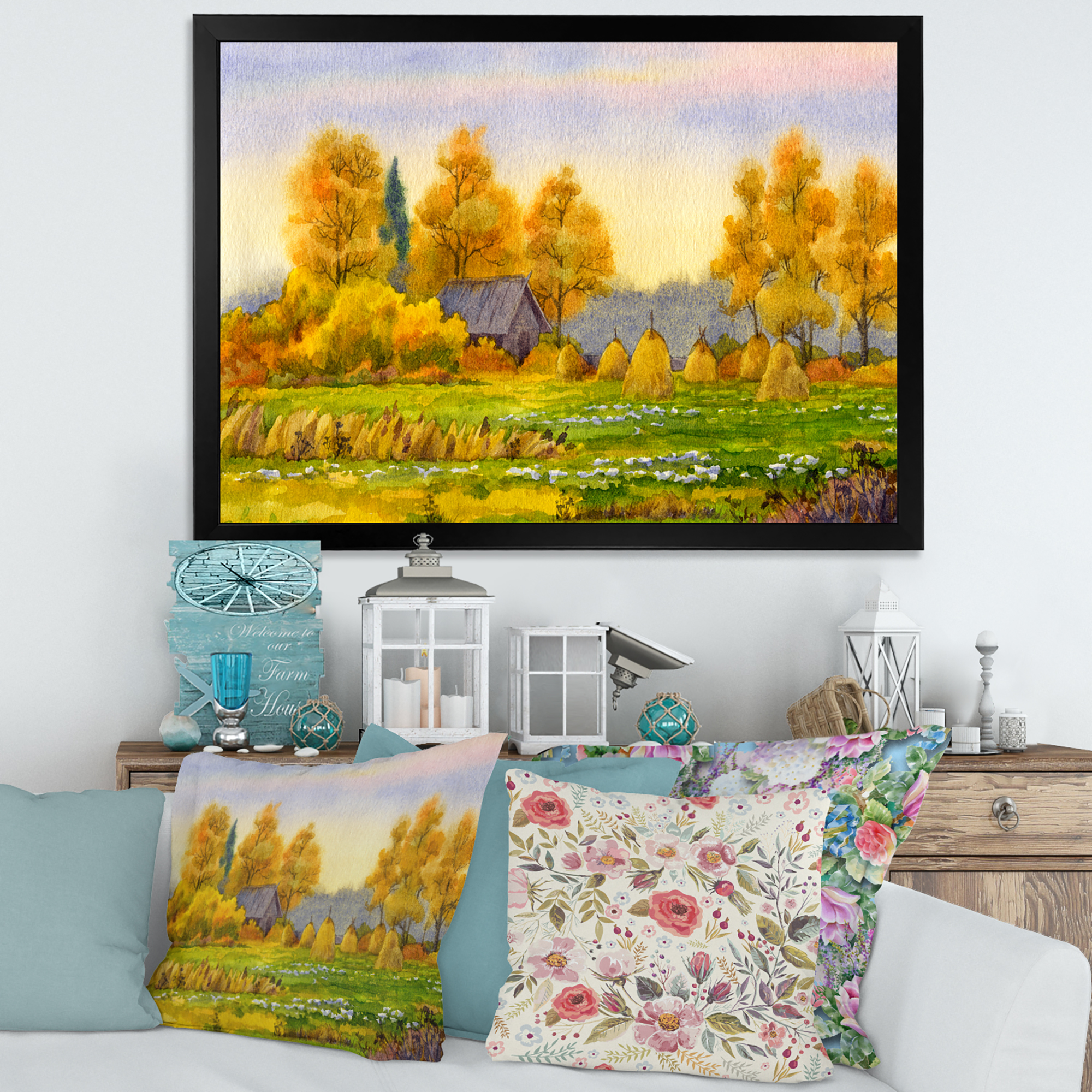 Designart 'Orange Fields With Haystacks II' Lake House Framed Art Print