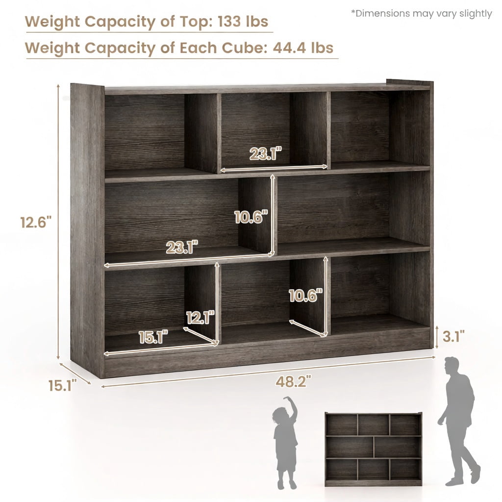Spaco 3-Tier Open Bookcase 8-Cube Floor Standing Storage Shelves Display Cabinet-Gray, Tall Bookshelf, Shelves for Living Room, Home Office, Bedroom, Balcony