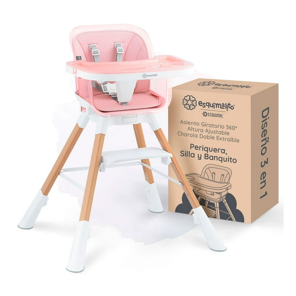 Periquera para Bebé 3 en 1 Esquimal - Silla Alta para Comer, Banquito Altura Ajustable (Rosa)