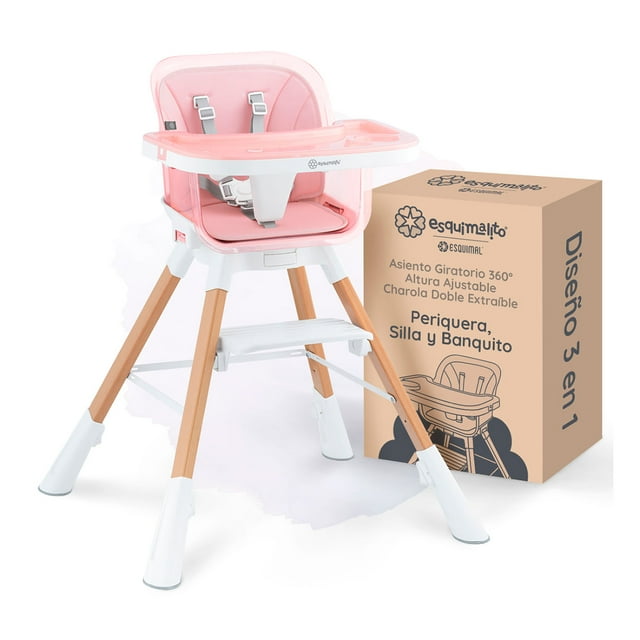 Periquera para Bebé 3 en 1 Esquimal - Silla Alta para Comer, Banquito Altura Ajustable (Rosa)