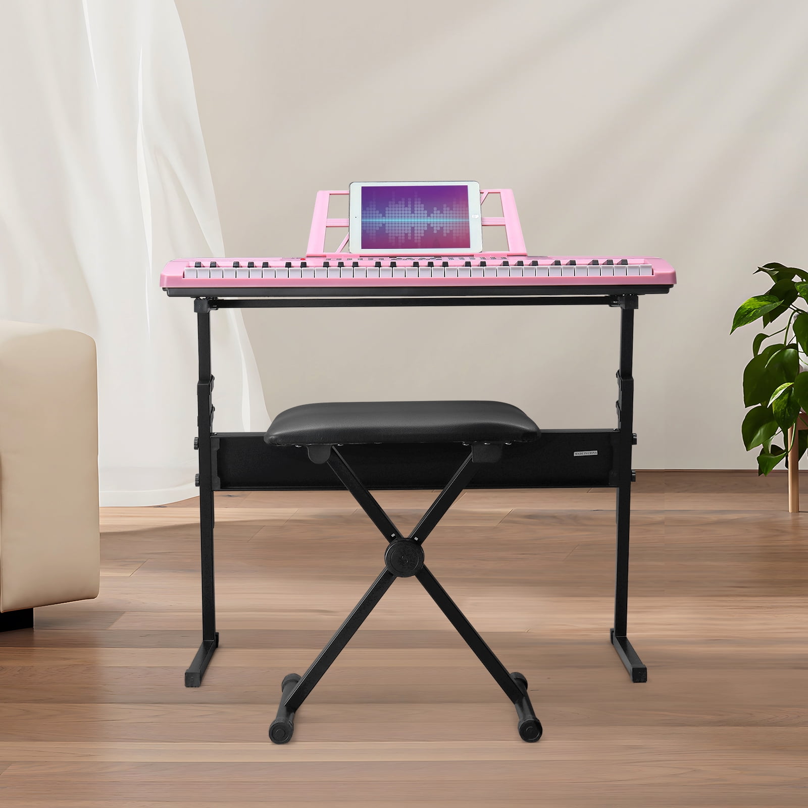 61 Key Lighting Keyboard with Piano Stand, Piano Bench, Built In Speakers, Headphone, Microphone, Music Rest, LED Screen, 3 Teaching Modes for Beginners