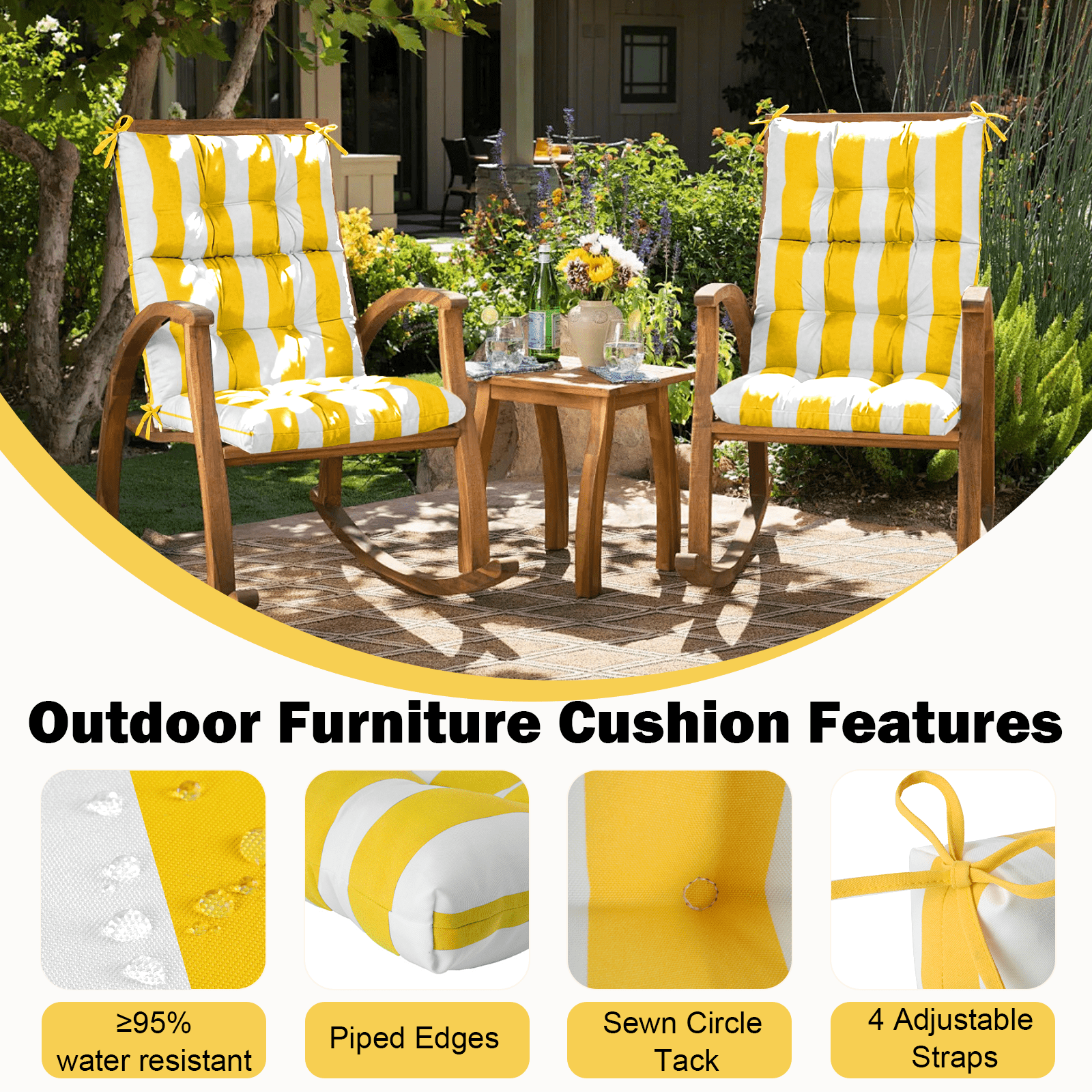 Vacmaster Patio High Back Chair Cushions Set of 2 - Outdoor Dining Chair Pads,Waterproof Replacement Seat Pad,for Rocking and Lounge Chairs,Indoor & Outdoor Furniture Cushions,Bright Yellow Stripes