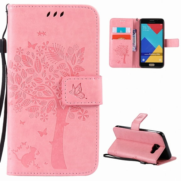 Galaxy A5 2016 Case, Samsung Galaxy A5 Case, Allytech [Embossed Cat & Tree] Slim PU Leather Case Full Body Protective Flip Kickstand Cover with Wrist Strap for Samsung Galaxy A5 2016 Version, Pink