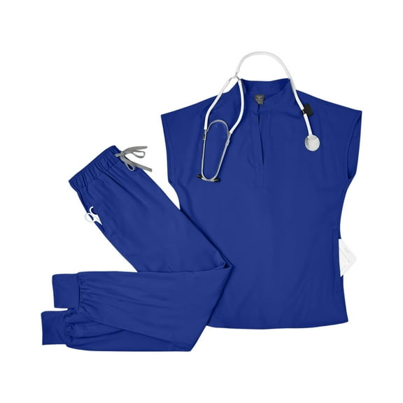 Scrubs for Women Set with Sleeveless Stand-Up Collar Scrub Top & Jogger Scrub Pants, Multi Pockets Design Royal Blue S