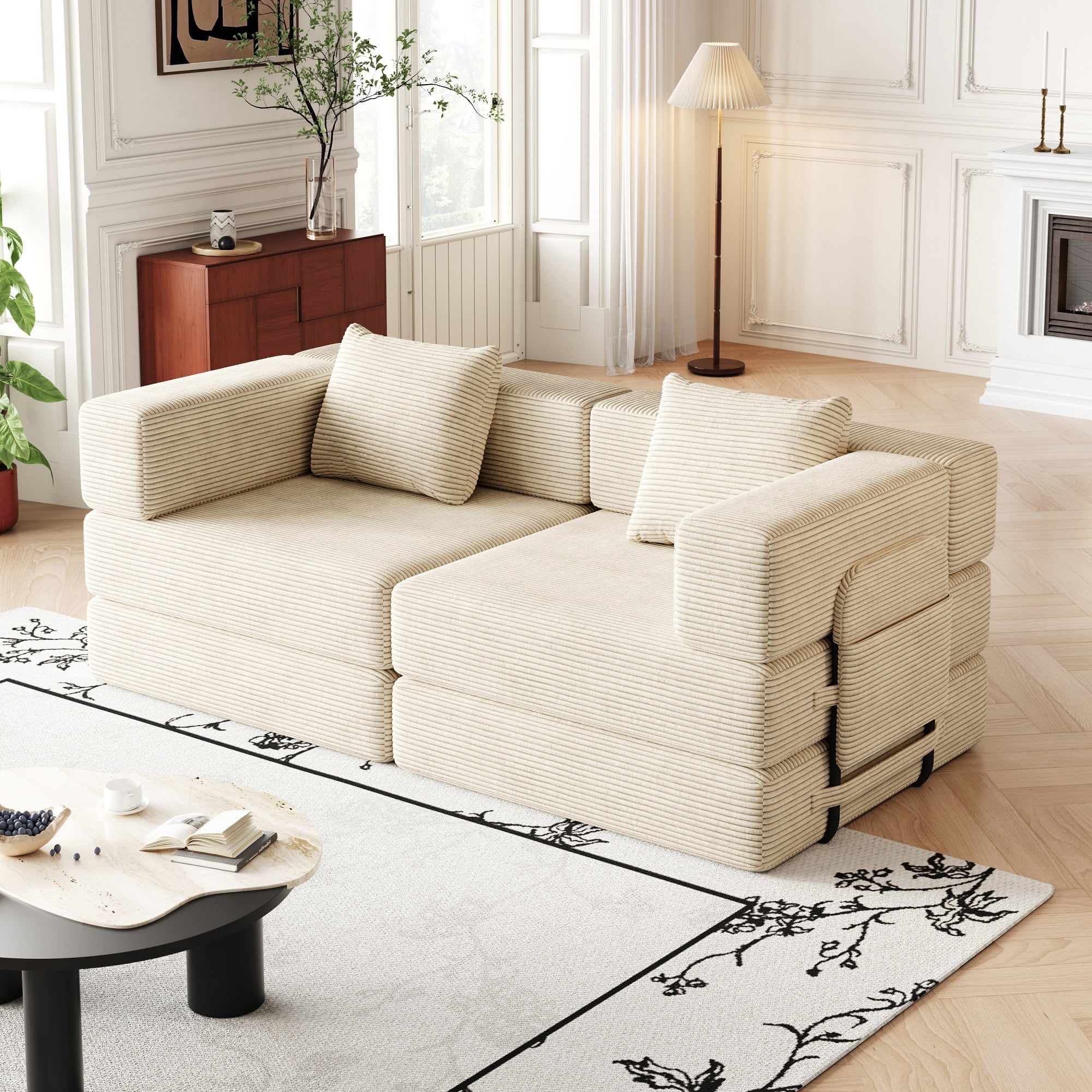72" Convertible Corduroy Sofa Bed,Folding Sleeper Couch with Two Side Storage Pockets & Two Cushions for Living Room,Bedroom,Beige