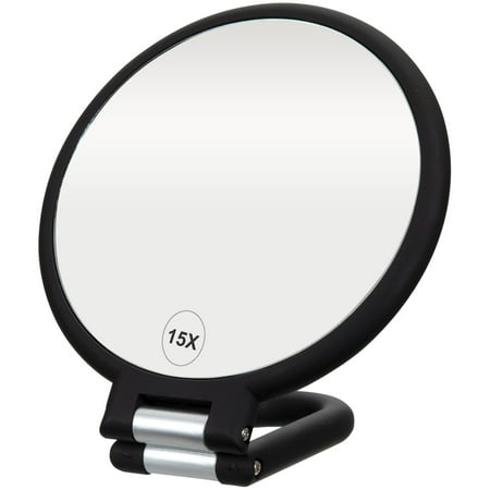 ForPro Professional Collection Premium Magnifying Handheld Mirror, 1X/15X Magnification Hand Mirror, Folding Adjustable Handle, for Makeup, Travel, Black