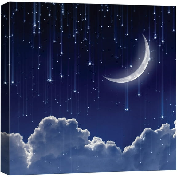 wall26 Canvas Print Wall Art Crescent Moon with Blue Falling Stars & Clouds Astronomy & Space Sky Digital Art Modern Art Global Scenic Colorful Multicolor for Living Room, Bedroom, Office - 1
