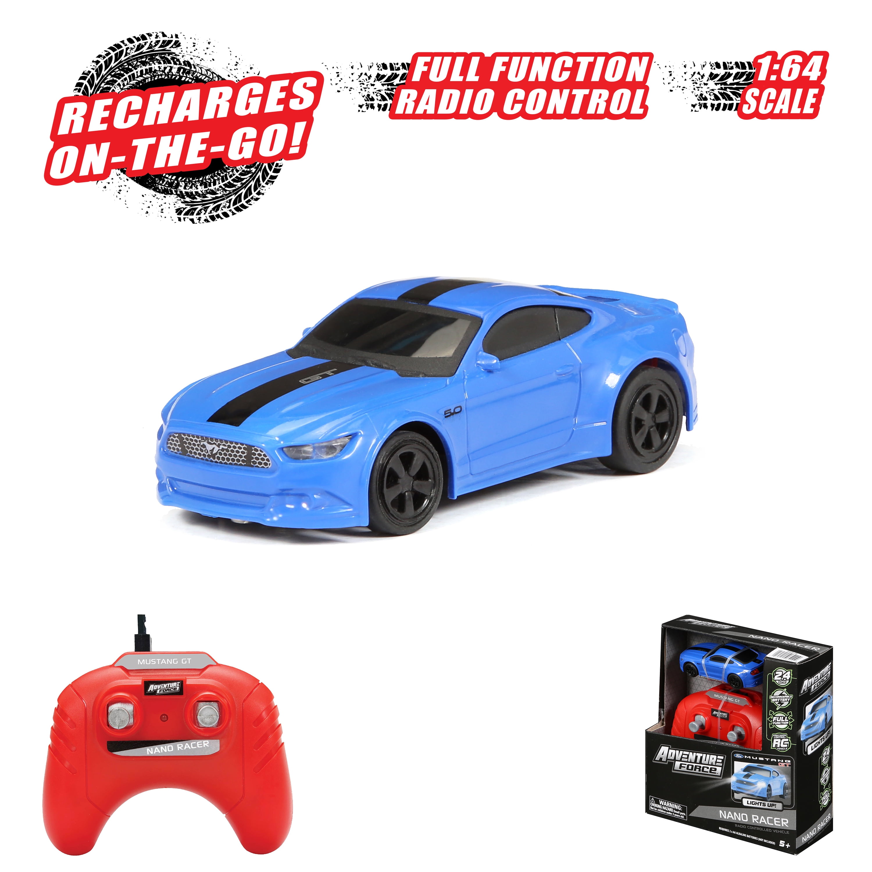 1:64 Ford Mustang Blue Adventure Force RC Remote Control Nano Racer New  Lights 