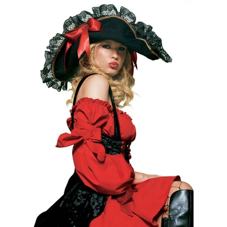 Leg Avenue Pirate Hat with Lace Trim and Bows, O/S, Black/Red