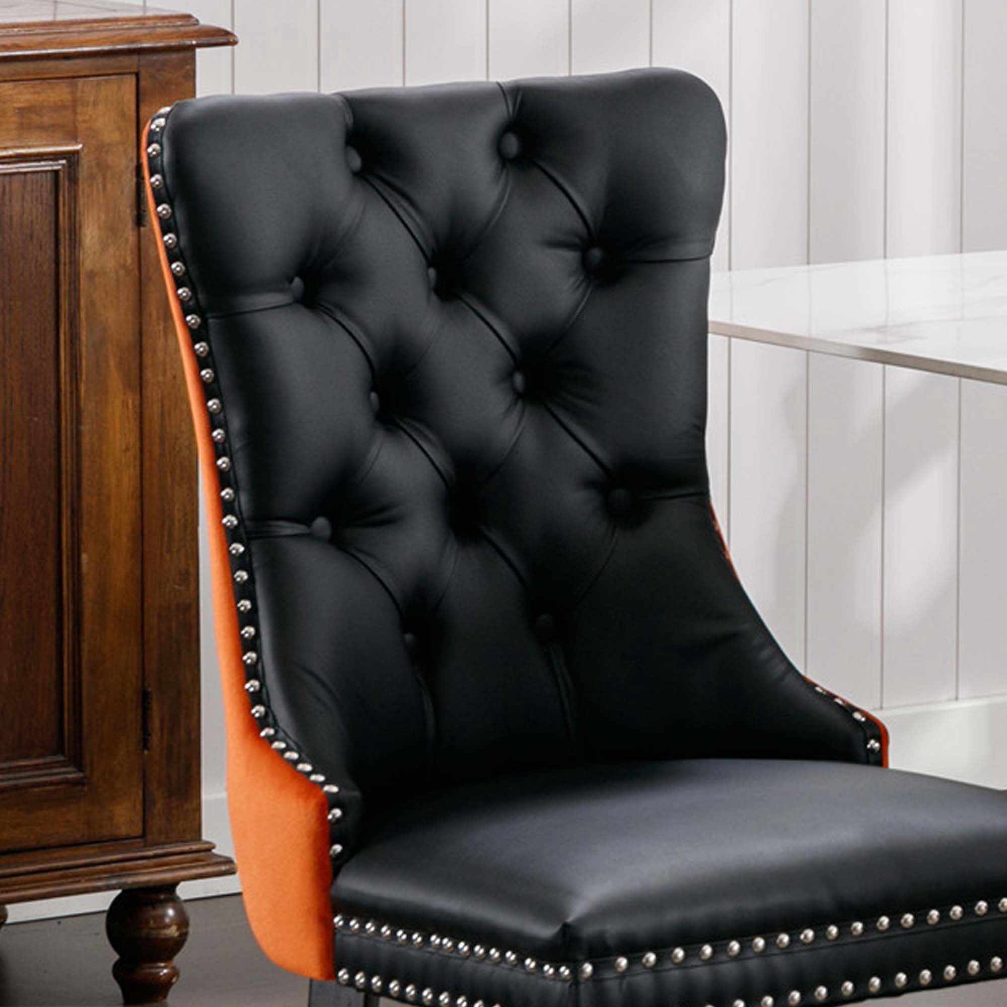 Aukfa High-End Upholstered Dining Chairs Set of 2, Modern Tufted Solid Wood Side Chair with Nailhead Trim - Black/Orange