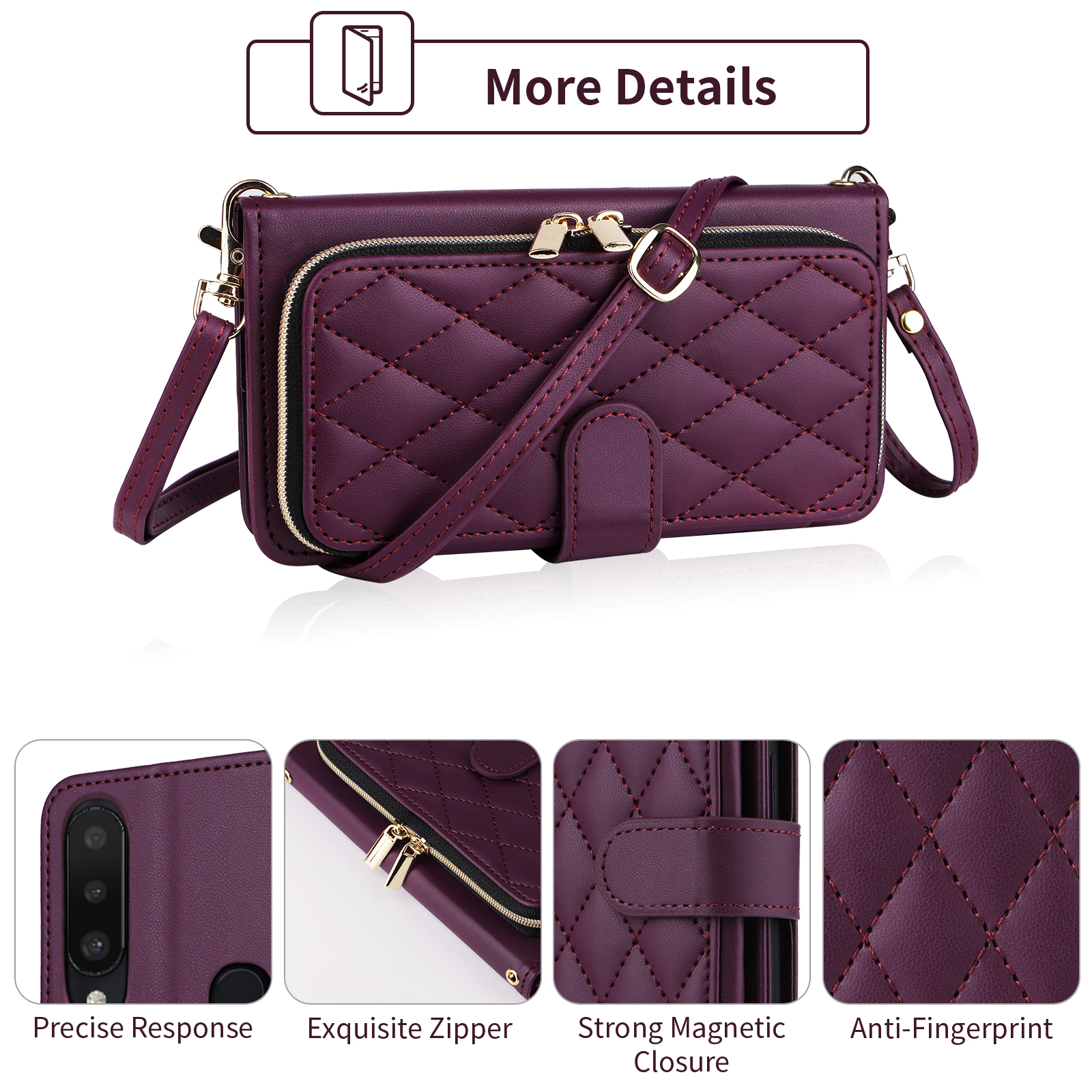 Furiet Argyle Wallet Case for Samsung Galaxy A20s with Wrist/Shoulder Strap, Zipper Purse Luxury PU Leather Card Holder Slots Stand Checkered Phone Cover for A 20s Plus A207M Women Girls Deep Purple