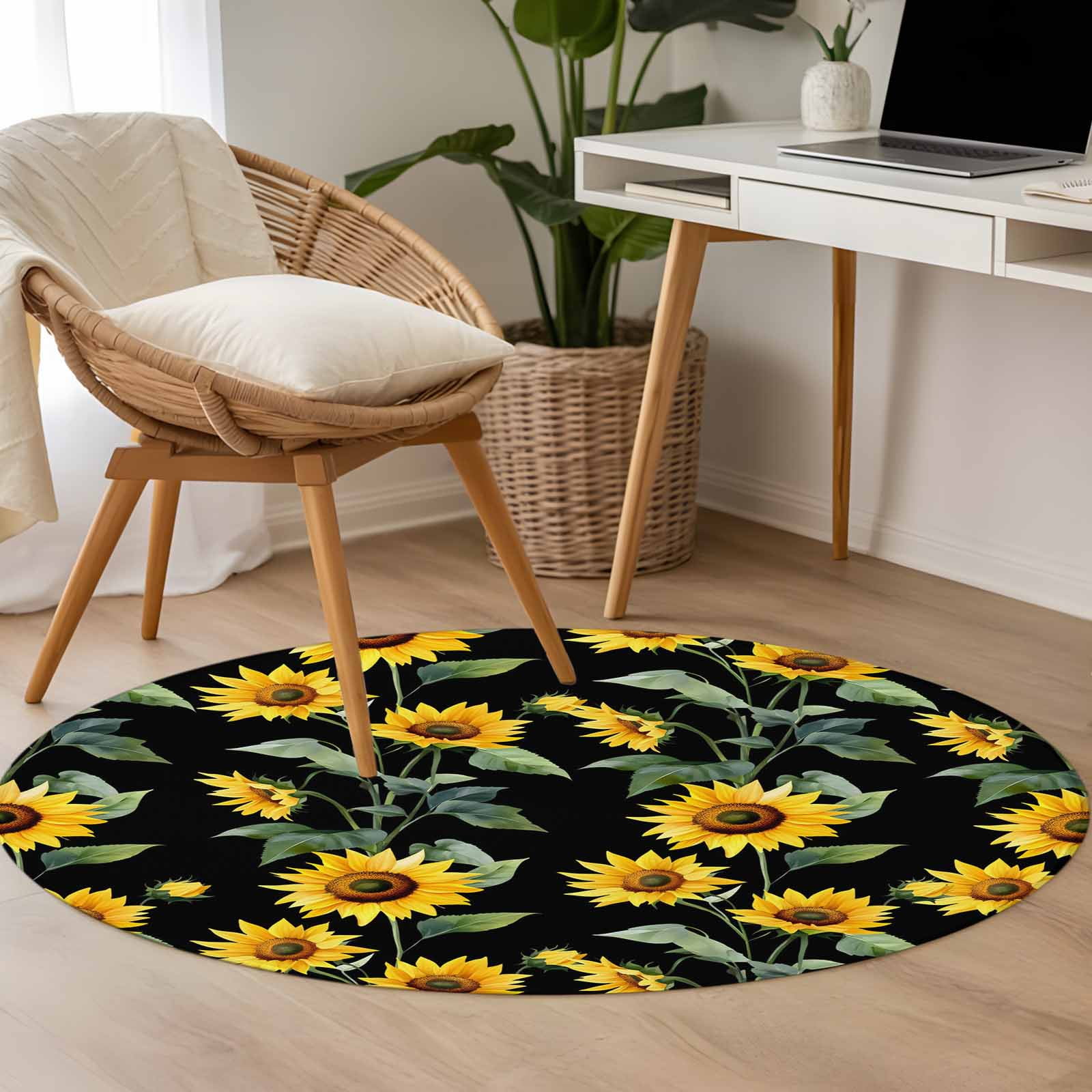 Sunflowers 3.3ft Round Rug for Bedroom Reading Corner Yellow Flower Spring Summer Black Background Washable Non Slip Circle Area Rug