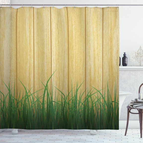Fence Shower Curtain, Grass Yard Gardening Summer Field Foliage Country Meadow Rural Life Pattern, Fabric Bathroom Set with Hooks, 69W X 84L Inches Extra Long, Sand Brown and Khaki, by Ambesonne