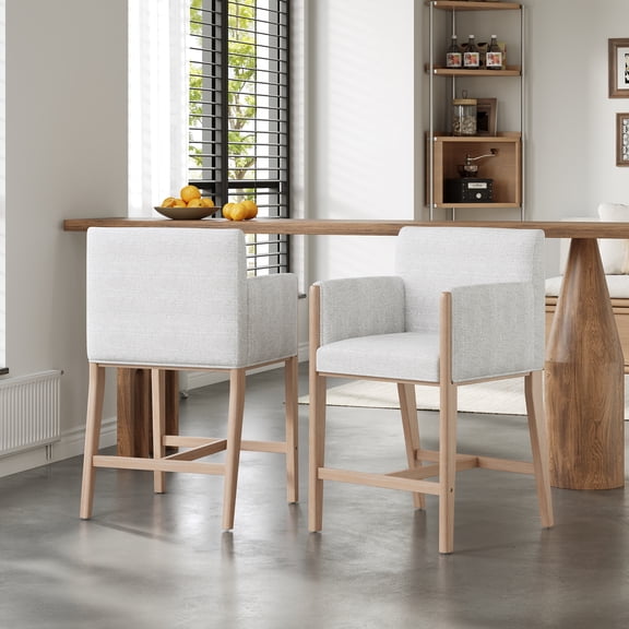 LQLI Fabric Upholstered Solid Wood Counter Stools Set of 2, 24" Seat Height Counter Bar Stools with Backs & Arms, Modern Rustic Barstools for Kitchen Island Dining Room