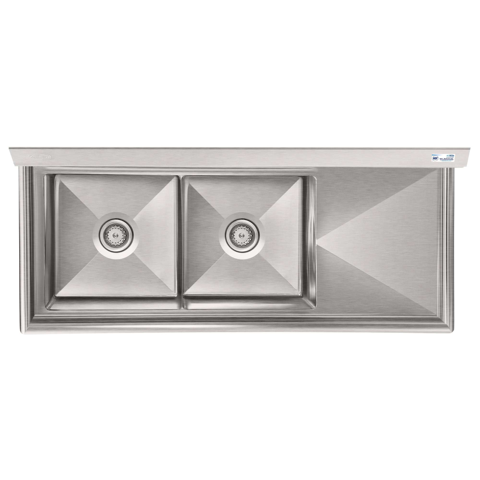 57 in. 18-Gauge 2-Compartment Commercial Sink with Backsplash and 18 in. Right Drainboard, Bowl Dimensions 18"x18"x14" in Stainless-Steel (KM-SB181814-18R3)