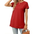 thumbnail image 2 of Women's Round Neck Solid Color T-Shirt Side Slit Casual Short-Sleeved Summer Sports Tunic Top, 2 of 6