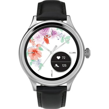 iConnect by Timex Women’s Pro AMOLED Black/Silver 43mm Smartwatch, Heart Rate, Leather Strap