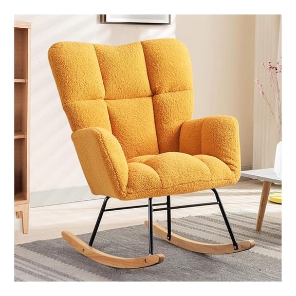 Rocking Chair, Teddy Upholstered Glider Rocker with High Backrest Armchair, Modern Rocking Accent Chairs for , Living Room, Bedroom, Offices (Yellow)