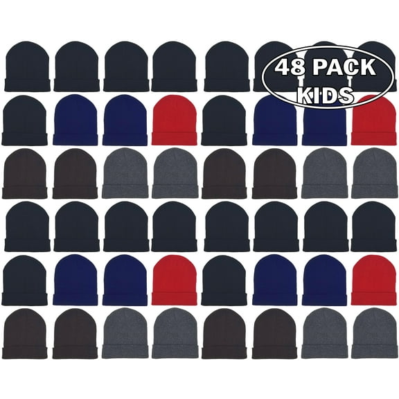 24 Pack Kids Beanies, Cuffed Winter Knit Hats for Boys Girls, Soft Thick Heat Insulating, Bulk (Assorted A)
