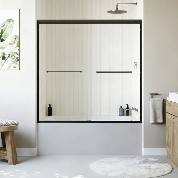 SESSLIFE Sliding Shower Door, Modern Semi-Frameless Style with Explosion-Proof Film and Anti-Leak Design, 56-60"W Adjustable Width with Certified Safety Glass, Matte Black