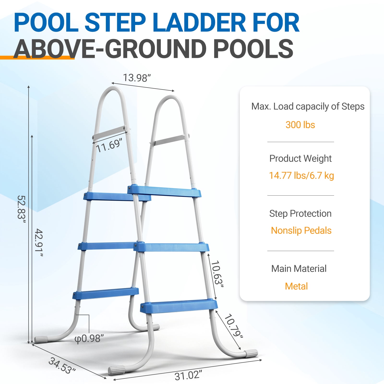 Ktaxon 3-Step 43" Steel Above Ground Pool Ladder, Heavy Duty Non-Slip, White Frame & Blue Steps