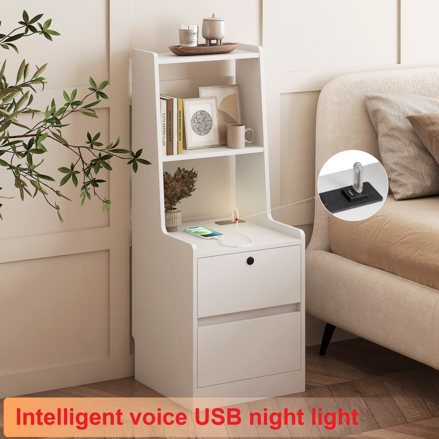 Smart Nightstand with Charging Station and Voice Control Night Light, Modern Bedside Table with Storage Cabinet and Bookshelf, White Night Stand for Bedroom, Living Room