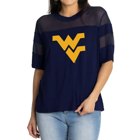 Women's Navy West Virginia Mountaineers Relaxed Avery Power Mesh Fashion Jersey