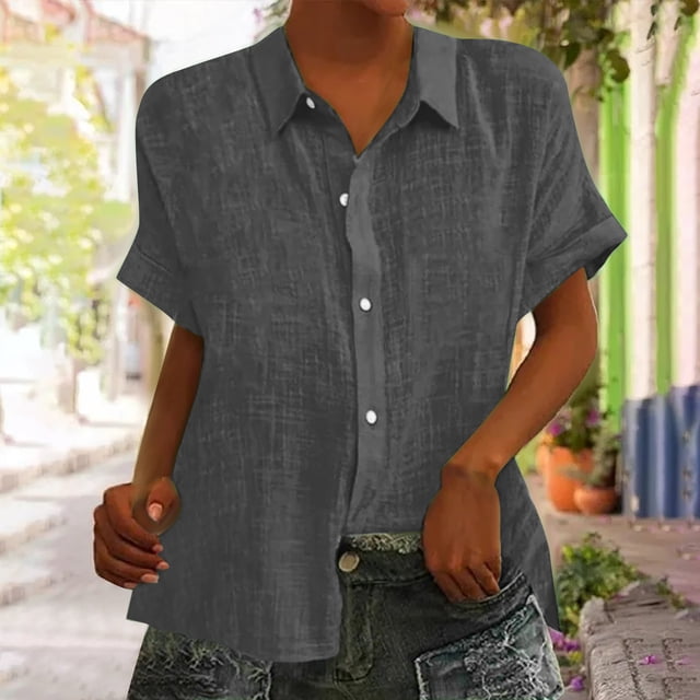 AherBiu Womens T Shirts Button down Linen Cotton Summer Tees Casual Lightweight Basic Plain Beach Short Sleeve Tops