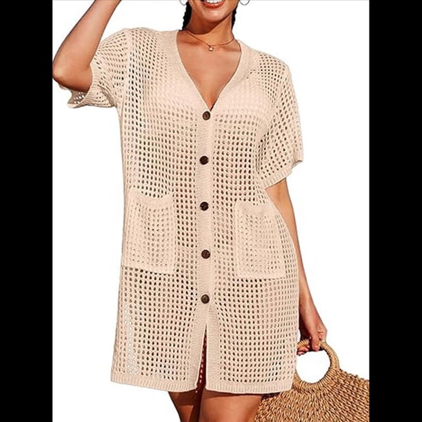 Vestido de Crochet con Botones y Abertura Lateral para Mujer, Traje de Baño con Bolsillos Albaricoque S