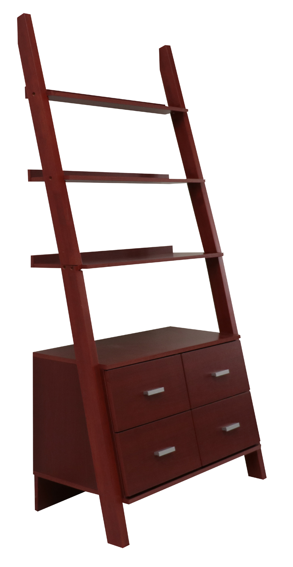 Cherry Finished Ladder Bookshelf With Drawers
