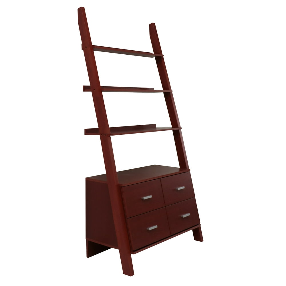 Cherry Finished Ladder Bookshelf With Drawers