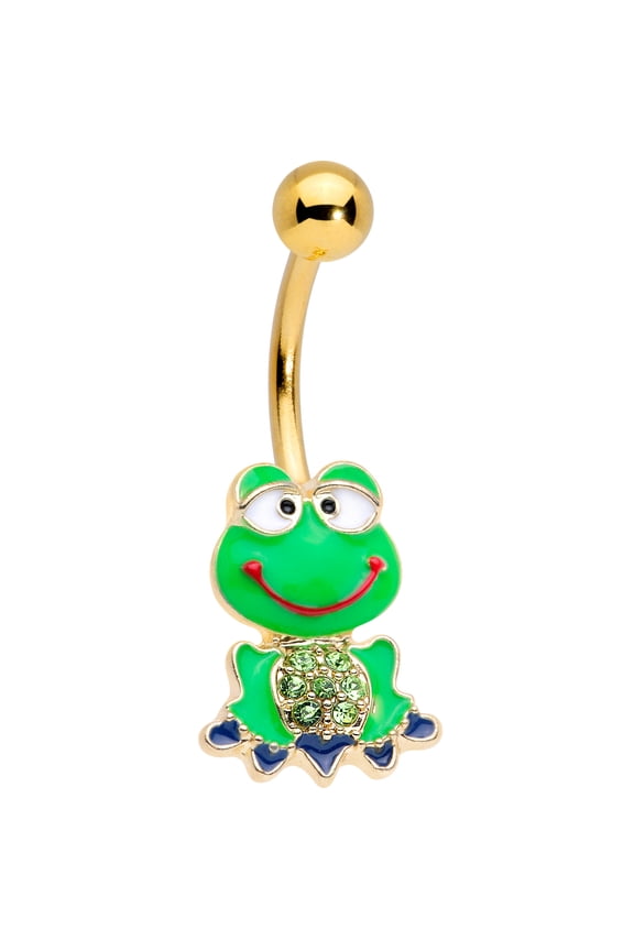 Womens 14G Plated Steel Navel Ring Piercing Green Accent Green Goofy Frog Belly Button Ring